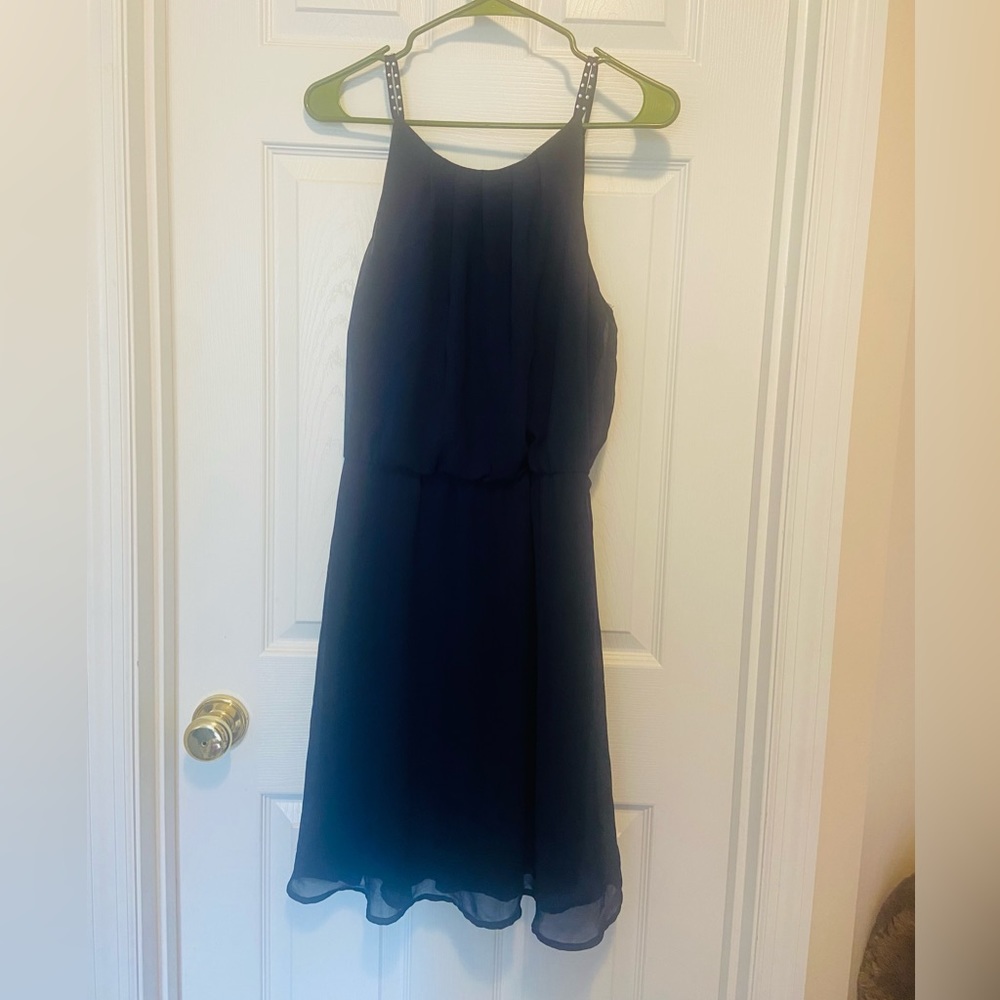 Tacera Navy Blue Chiffon High Neck Tank Dress with Bling Straps